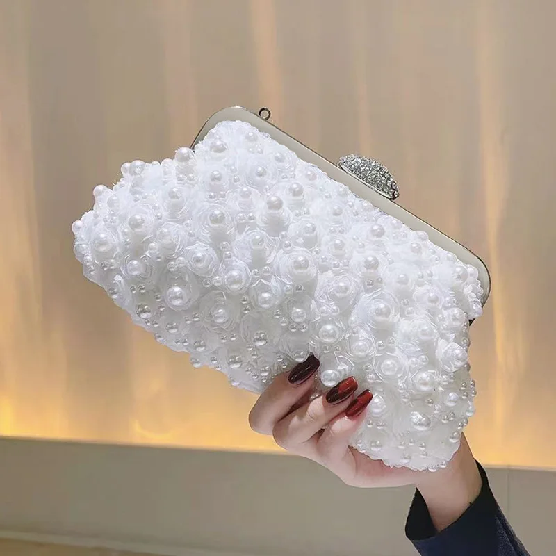 White Lace Floral Pearl Clutch Bag Women Wedding Bridal Evening Handbag With Handle Detachable Chain Crossbody Purse