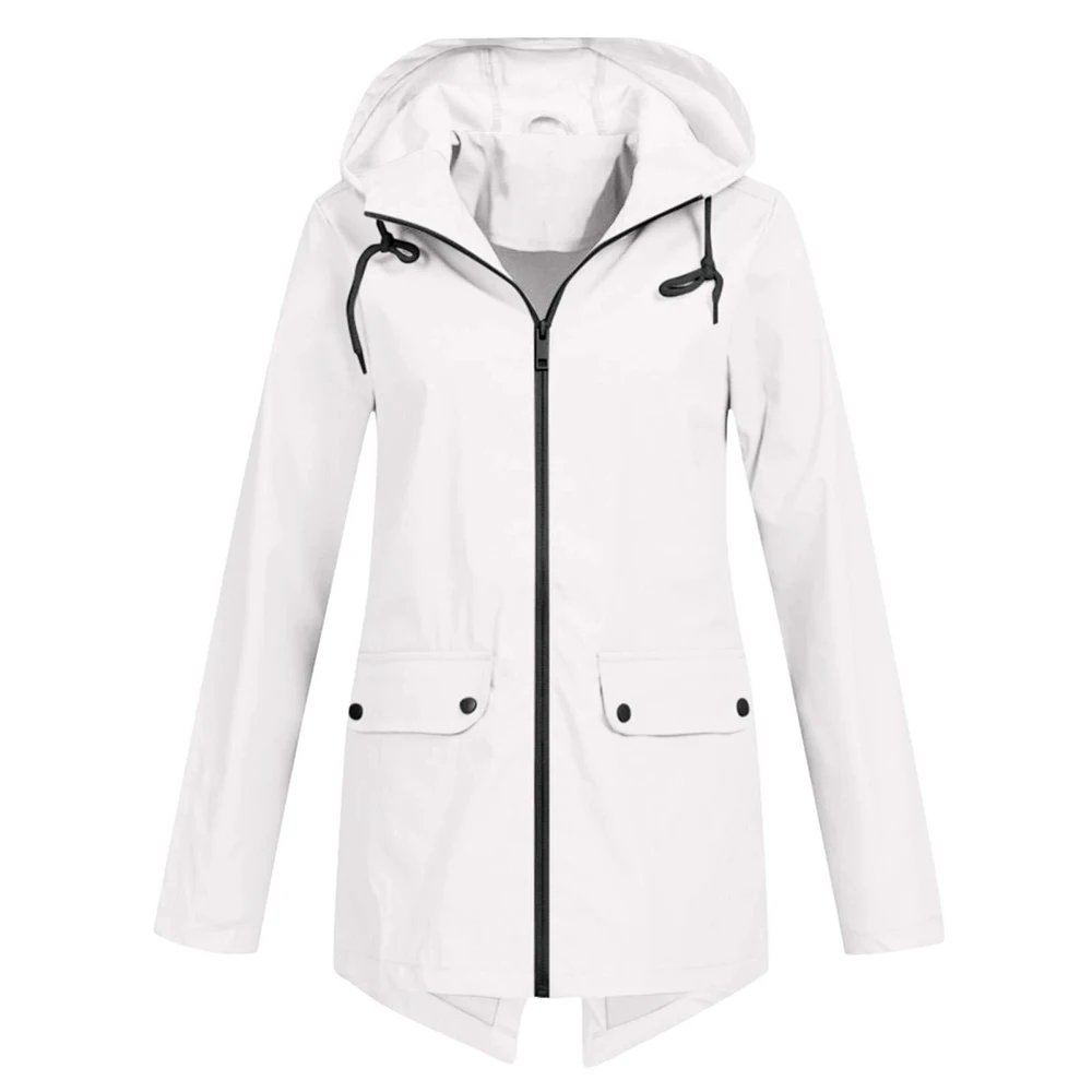 Comoda giacca da donna impermeabile con cappuccio, maniche lunghe e tasche con cerniera, adatta per attività stagionali all'aperto