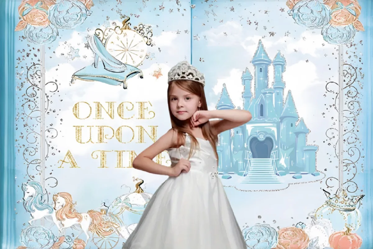 Cinderella Once Upon a Time Backdrop Girl Birthday Party Decoration Banner Fairytale Princess Blue Castle Background Photography