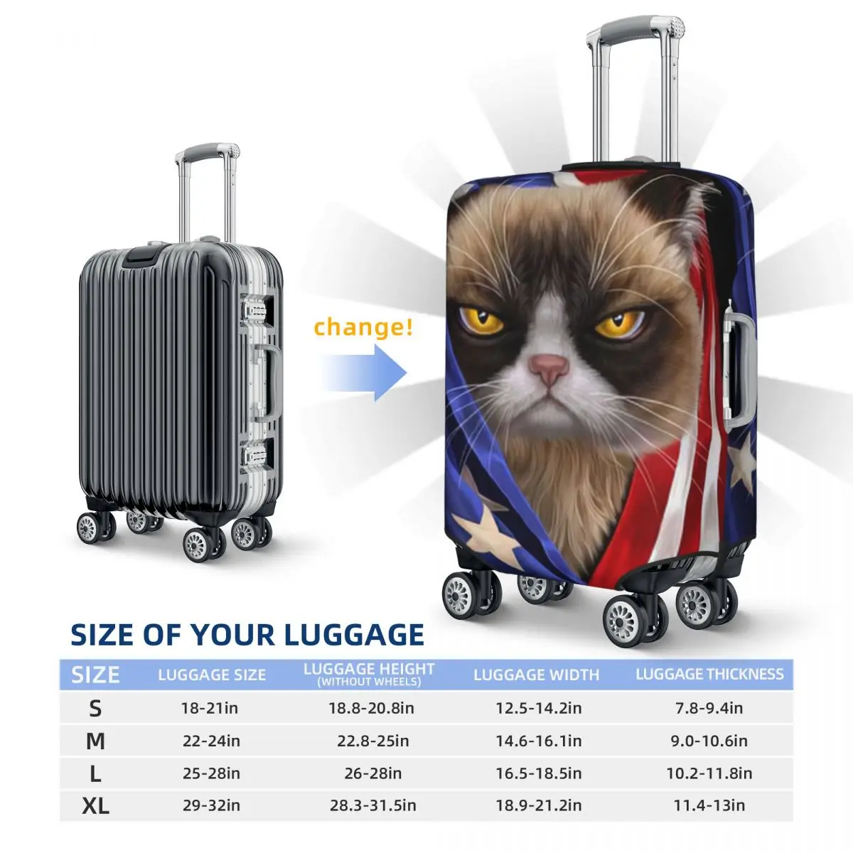 Siamese Cat Usa Fosot Print Bagage Juste de protection, Juste anti-poussière, artificiel astique, Imperméable, Valise, Accessoires de voyage, 18-32"