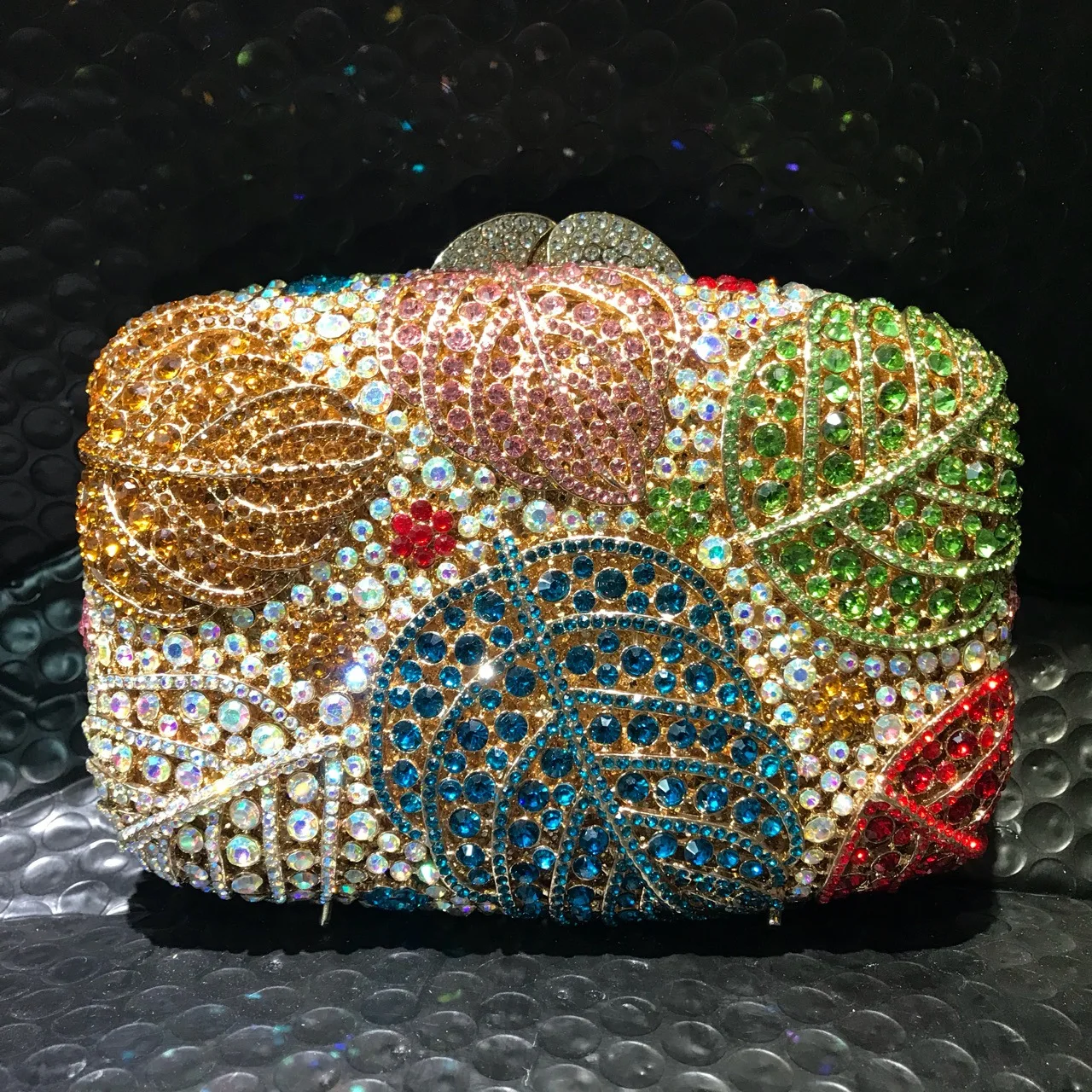 

17x12CM The New Leaf-encrusted Diamond Evening Bag Hollowed Out Metal Hard Box Crystal Bag Banquet full-diamonded Women A7541