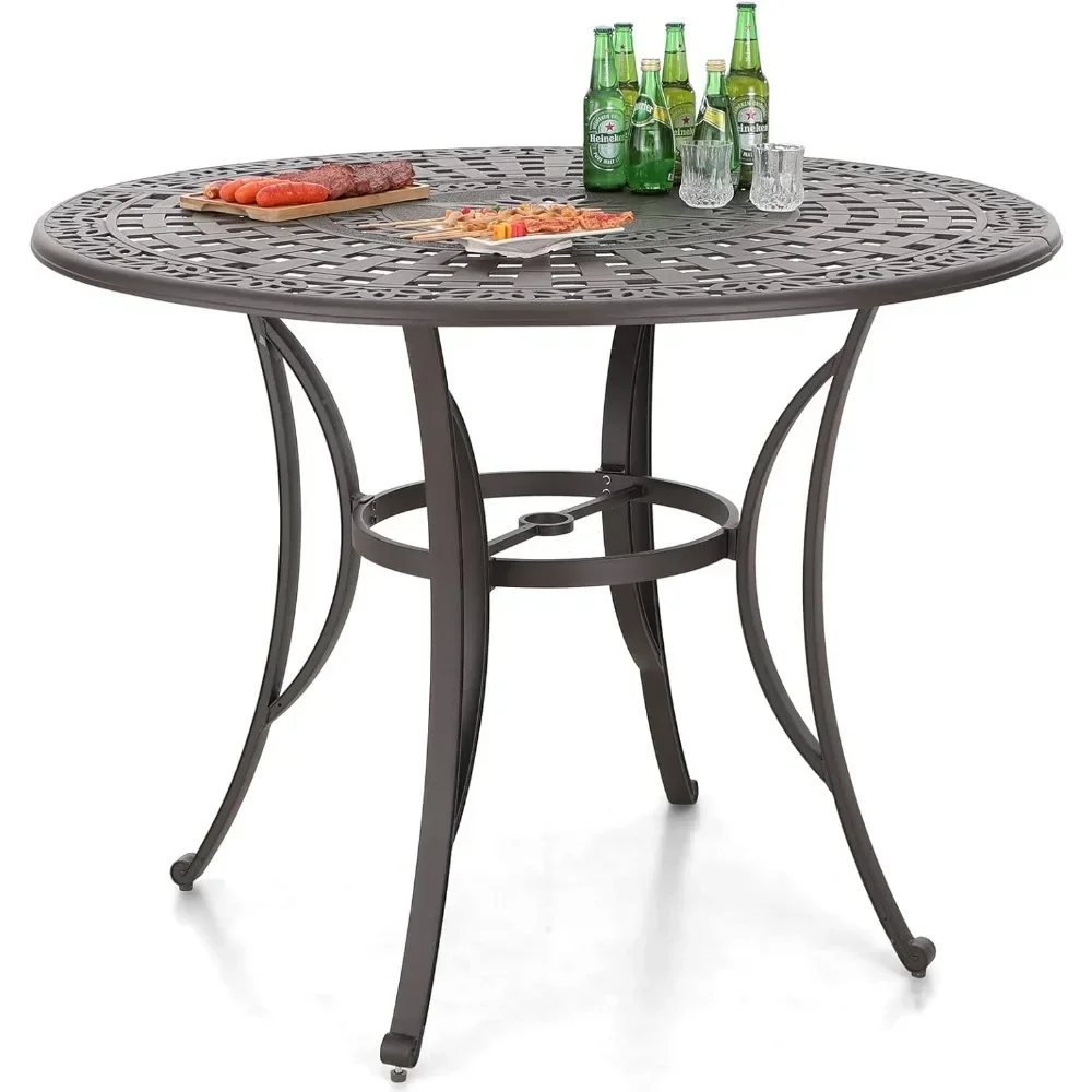 Outdoor Tables  6-Person Round Cast Aluminium, Patio Bistro Table with  Umbrella Hole for Porch Backyard, Bronze Outdoor Table