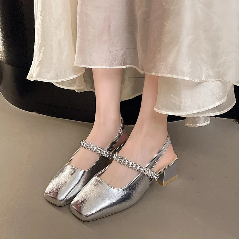 

Лето 2023, повседневные модные босоножки на высоком каблуке, элегантный дизайн с квадратным носком и кристаллами, удобная женская обувь на толстом каблуке