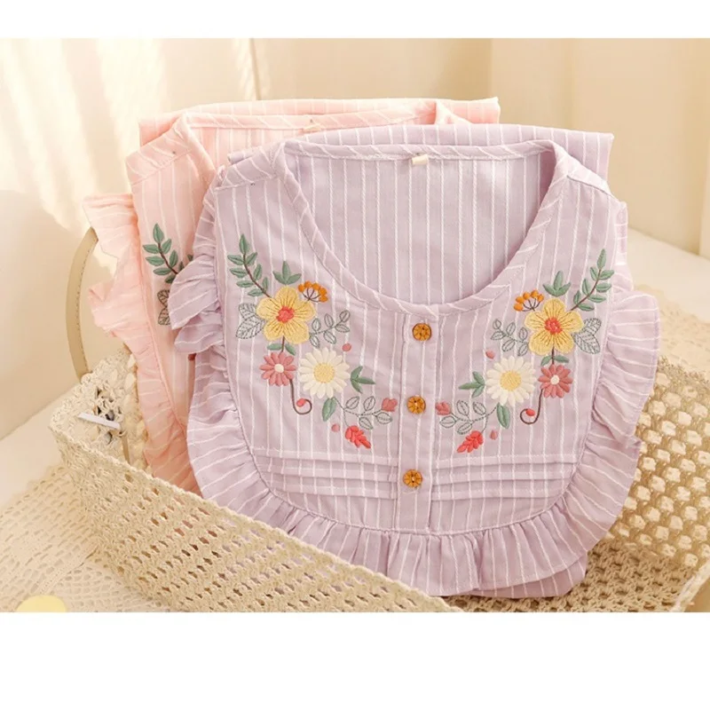 Fashion Stripe Printed Embroidery Cotton Short Sleeve Pajama Sets For Women Summer Comfortable Knee Length Pyjamas Home Clothes