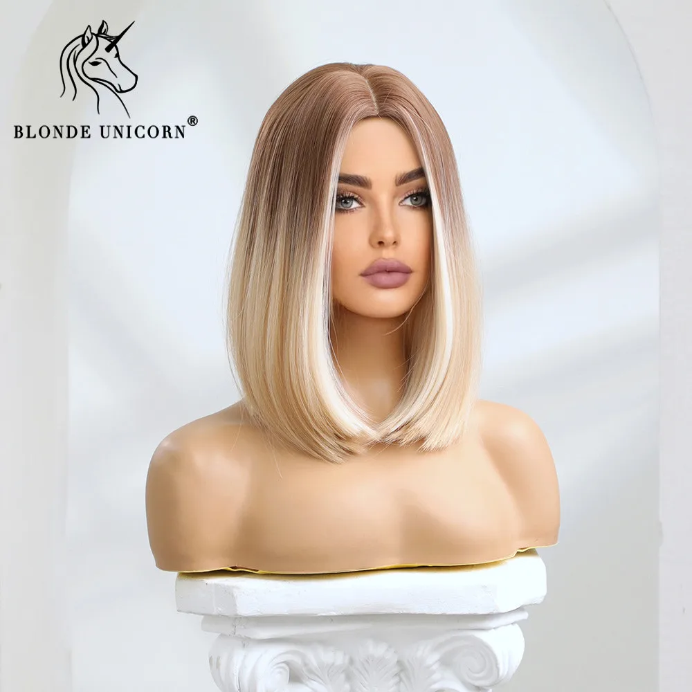 Blonde Unicorn Synthetic Wig Medium Long Ombre Blonde to Platinum For Women Daily Party Cosplay Wigs Heat Resistant Fiber Hair