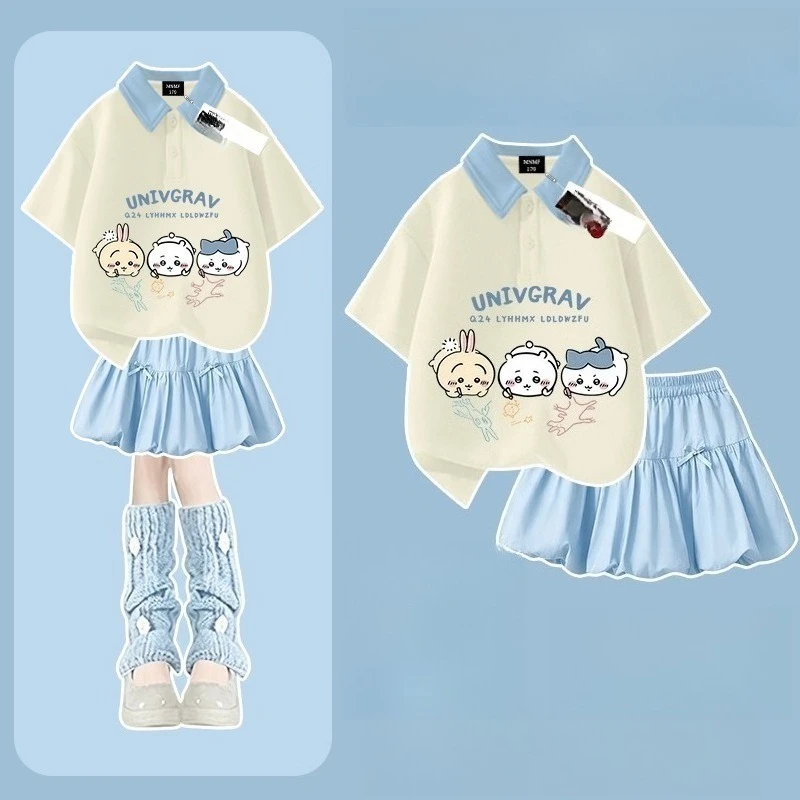 Anime Cartoon Kawaii Chiikawa Usagi New Style Ins Style Printing Girl Short Sleeves T-shirt Bud Skirt Versatile Two Piece Set