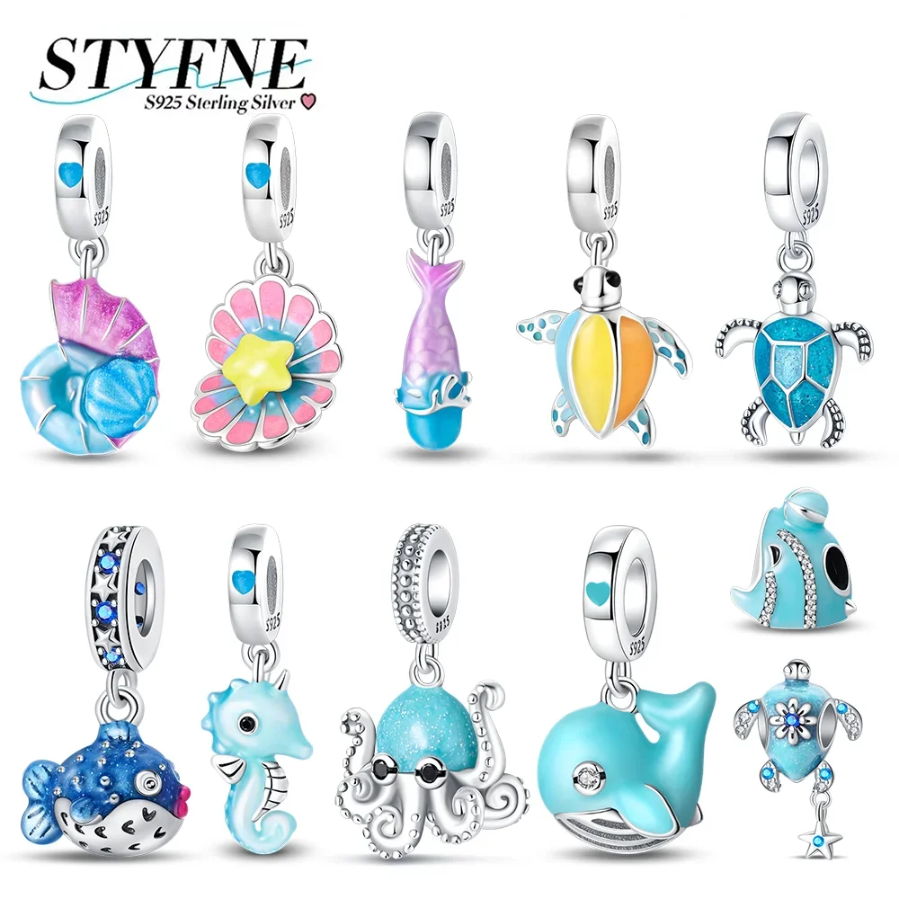 Charms Plata 925 Turtle Dolphin Fishtail Shell Beads for Charms 925 Sterling Silver Bracelet Beads Jewellery Making Women's Gift