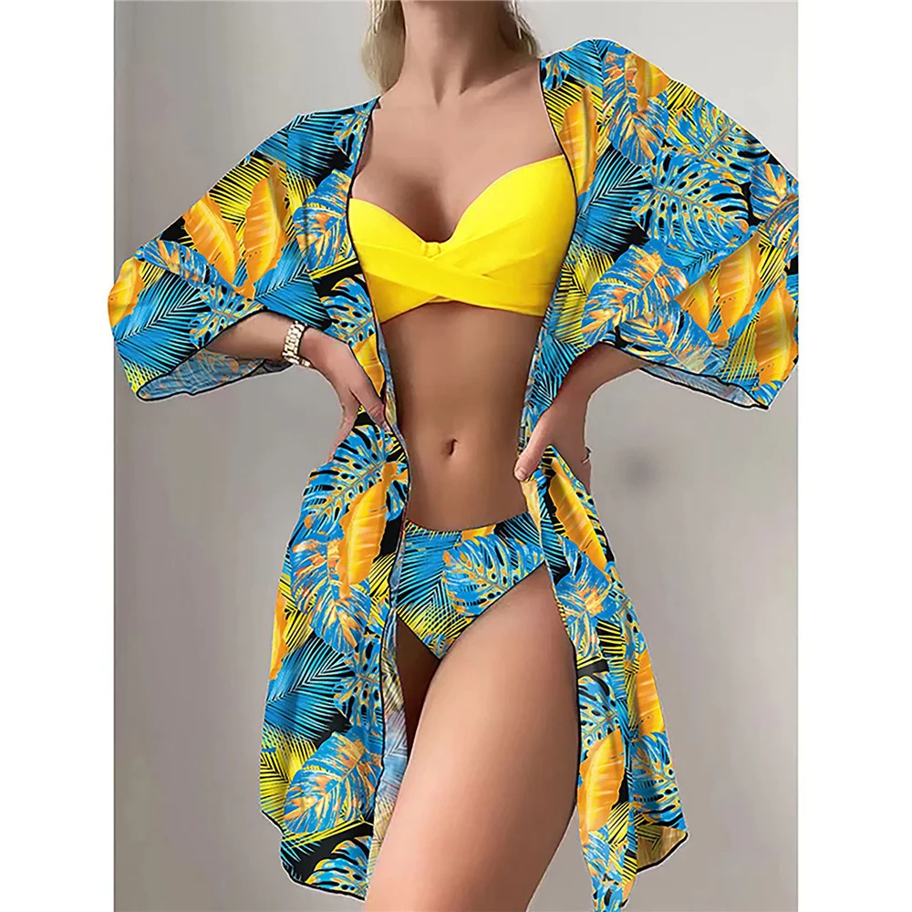 

Three Pieces Bikini Set Cover Up Women 2023 New Push Up Twist Swimsuit Print Long Sleeve Swimwear Biquini Bathing Suit Summer