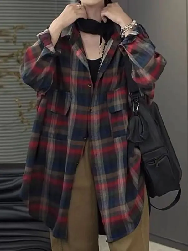 Faionable Plaid Lungo Sve irt Cappotto casual da pendolare allentato da donna Bottoni di media lunghezza con copertura Top in fibra di carbone di bambù