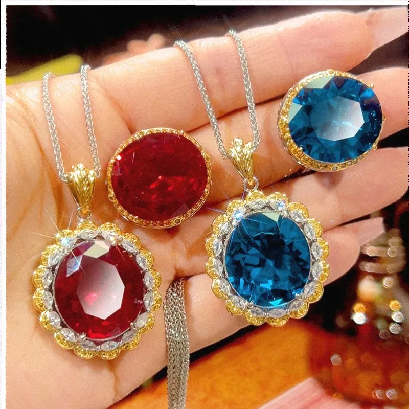 Vintage Oval Red Blue Gemstone Necklace Adjustable Ring Sparkling CZ Halo Party Jewelry for Women Hot Sale 2025 Fashion Gift