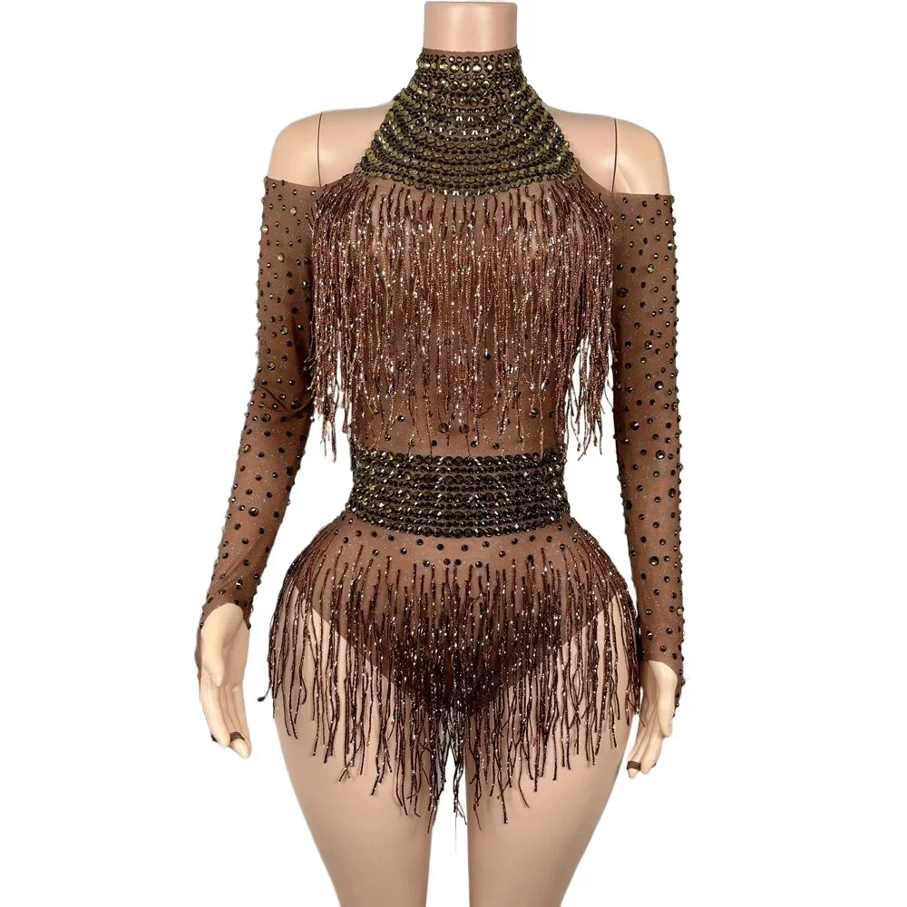 Sparkly Rhinestones Fringes Leotard for Women Sexy Performance Dance Costume Nightclub Bodysuit Singer Dancer Show Stage Wear