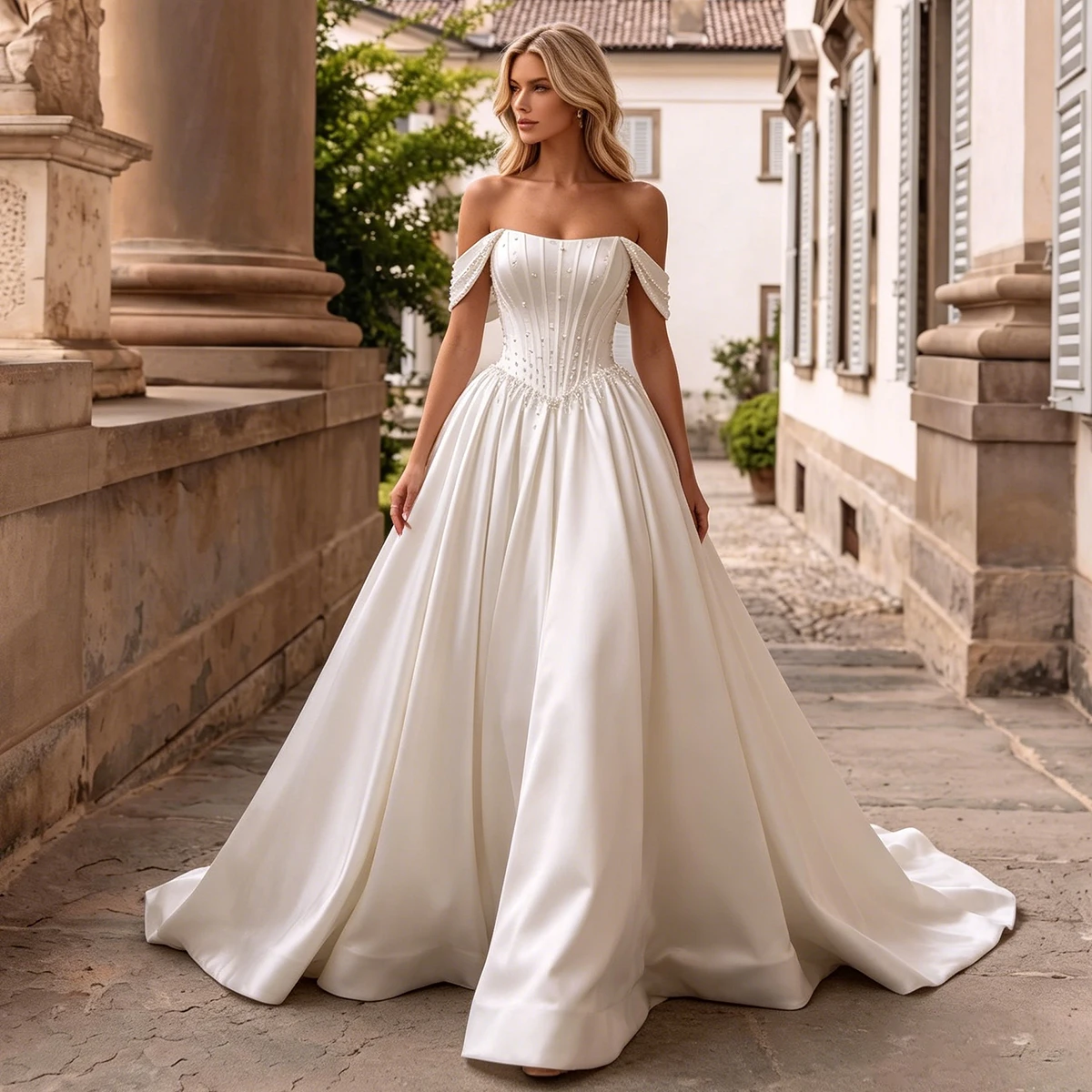 Luxury Beaded Satin Wedding Dress For Bride Vestidos Novia Off Shoulder Pleated Ball Gown Long Bridal Party Gown For Women