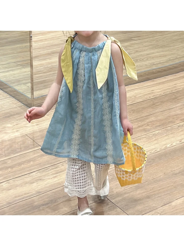 2024Spring and Summer New Children's Seaside Vacation Style Suspender Skirt Girls' Casual Hollow Fashionable Pants Suit-WS