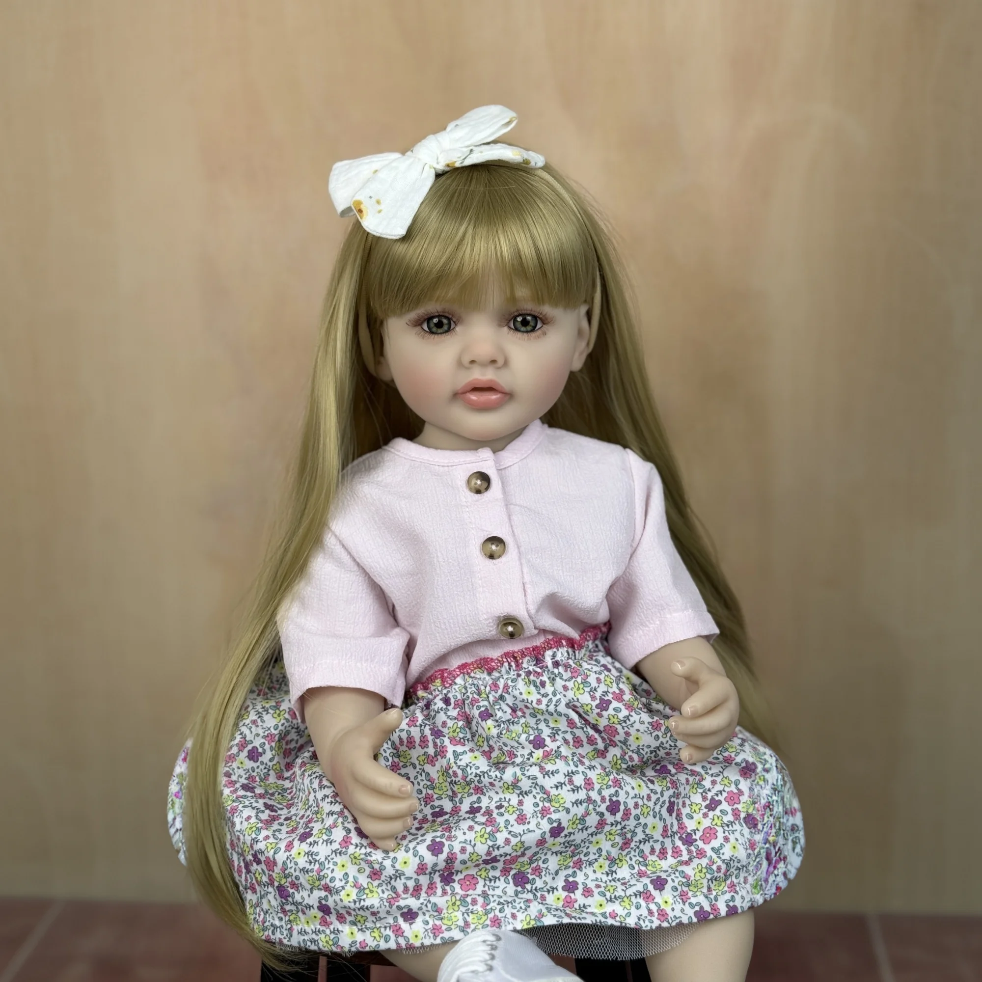 55 CM Full Vinyl Body Reborn Baby Girl Doll Blonde Long Hair Princess Doll Toy Dress Up Birthday Gift Bath Toy