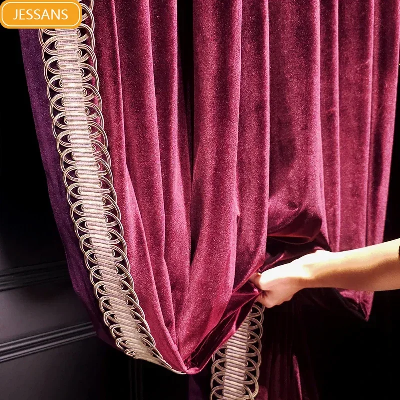 Luxury French Purple Red Velvet Curtains for Villa Living Room Bedroom Balcony Customized Home Decoration Products