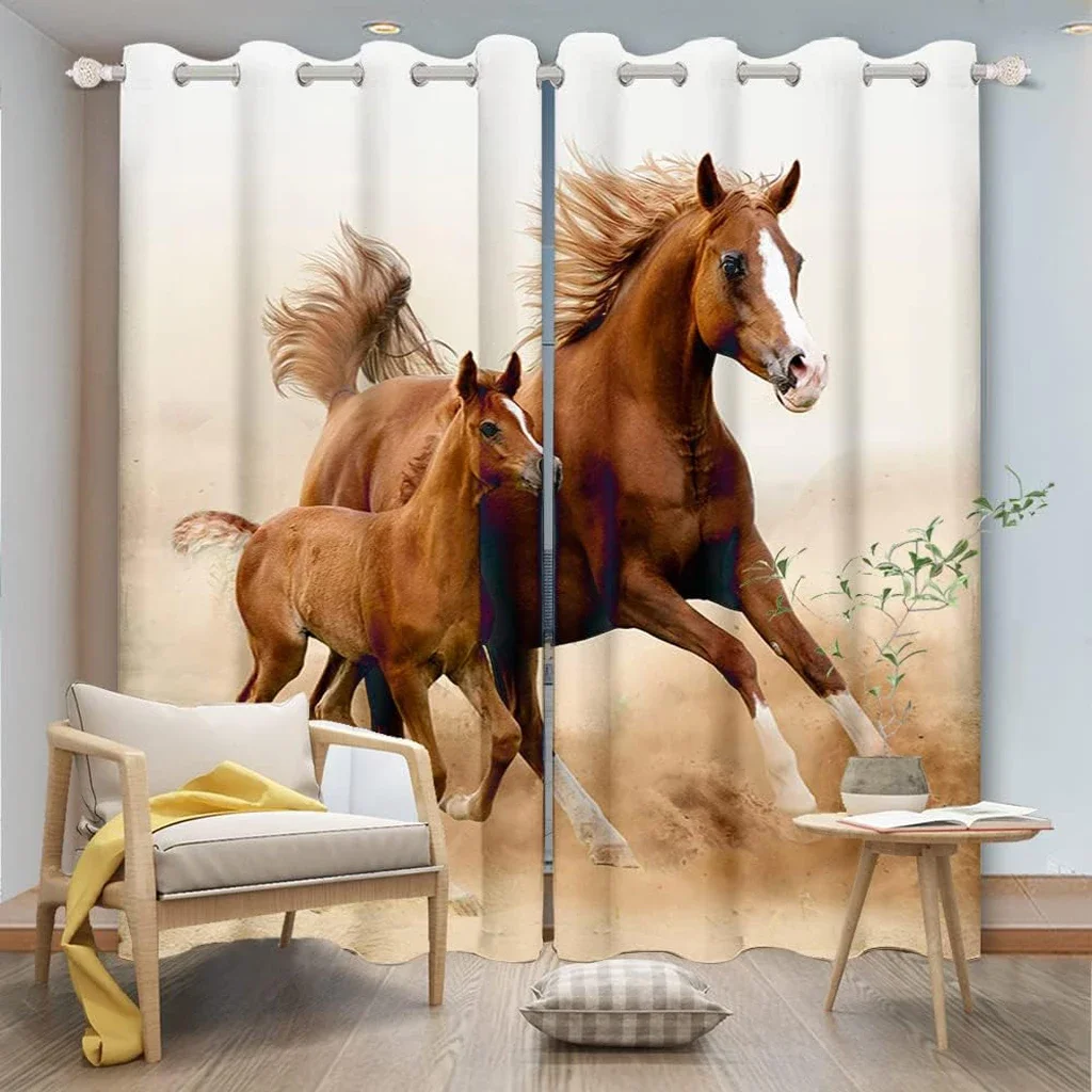 Realistic Wild Animal Horse Window Curtains Drapes for Kids Bedroom Living Room Kitchen Door Home Decor 2Pieces