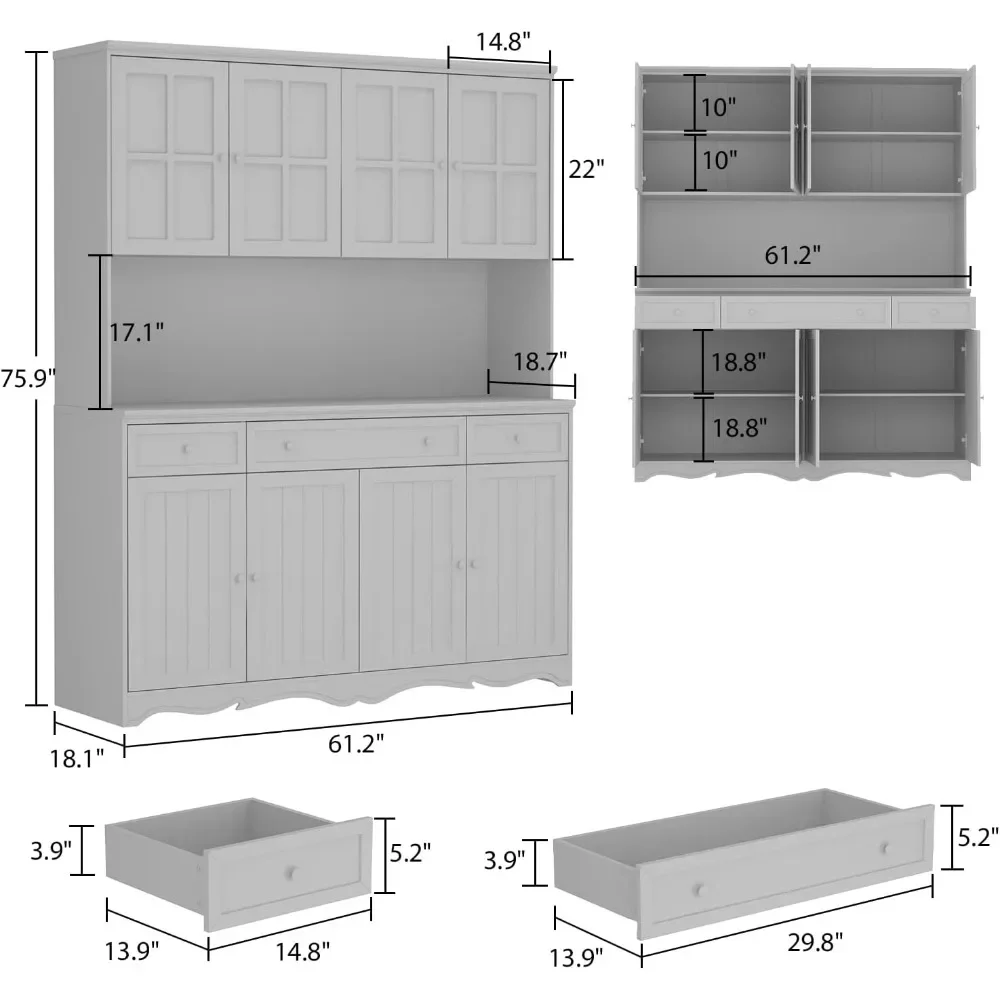 Kitchen Pantry Cabinet with  Shelves & Microwave Stand, Freestanding Hutch Cabinet with Buffet Cupboard for Kitchen, Dinningroom