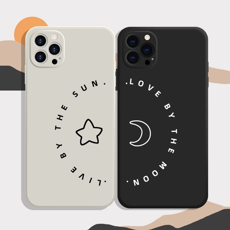 Simple Sun Moon Star Lovers Couple Phone Case for iPhone 13 14 12 11 Pro Max Mini XR X XS Max 7 8 Plus SE Paired Soft Cover Bags