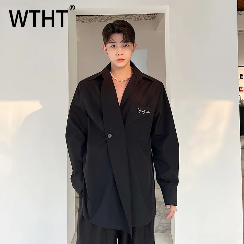 

WTHT модные мужские однотонные свободные рубашки из сращенного металлического дизайна, модные осенние рубашки с длинным рукавом 202, мужской топ 2A1433