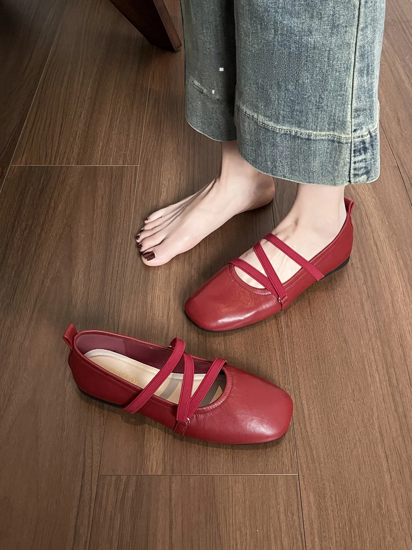 red-mary-jane-cross-strap-flat-bottom-ballet-flats-women's-summer-soft-sole-fashion-single-shoes-slip-on-round-toe-rubber-out