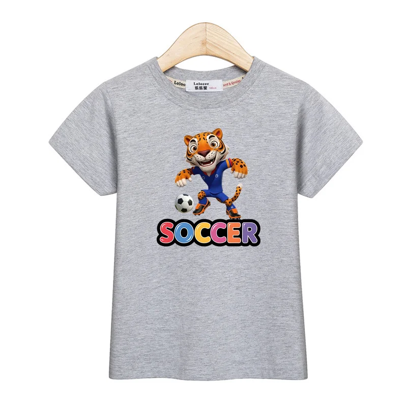 2026 Children Summer Football Tops Tiger Rabbit Cartoon T-Shirt Short Sleeved Shirt for Boys Girls Cute Clothes