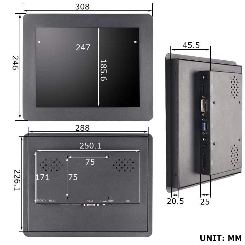 12" Open Frame Industrial Monitor 1024x768 Resolution Resistive/Capacitive Touch VGA HDMI USB Interface for Business & Industry