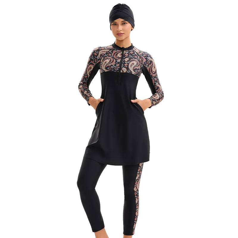 Women's New Modest Long Sleeve Full Coverage Sun Protection Swimwear With Skirt And Long Pants