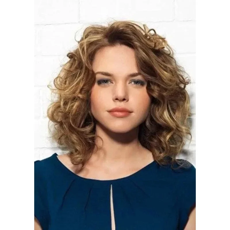 Real Hair Fashion Gorgeous Women's Natural Golden Brown Wavy Wigs 14 In