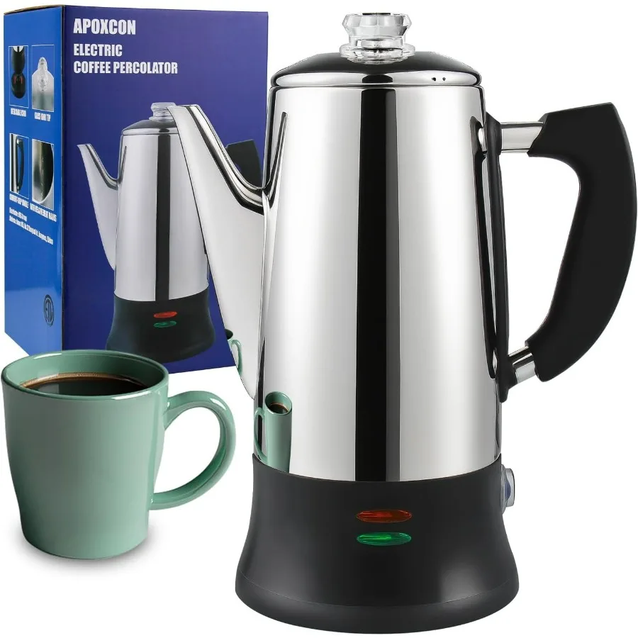 

12 Cup Electric Coffee Percolator Stainless Steel Coffee Maker with Heat Resistant Tough Glass Clear Brew Progress Knob Classic