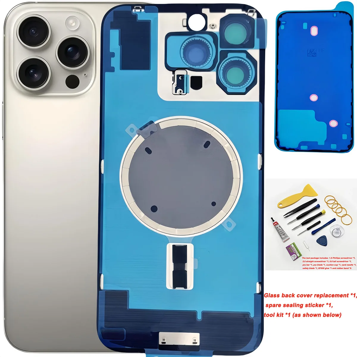 

For iPhone 16 Pro Max rear glass replacement, original size with camera lens, magnets + professional repair tool kit