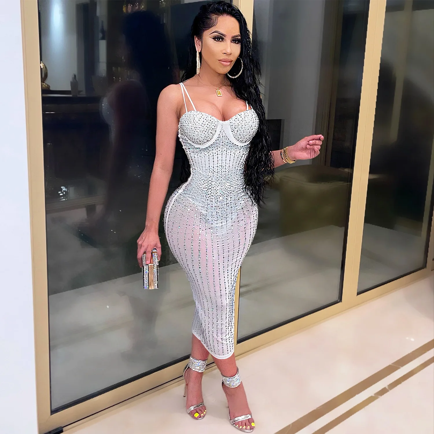 Sister Star Fashion Sexy Hottie Mesh Durchsichtiges Hot Strass Strass Neckholder Kleid Großhandel Nachtclub Party Kleider