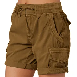 Ladies Cargo Shorts Summer Loose Hiking Shorts With Pocket Solid Color Thin Style Drawstring Elastic Waist Casual Fashion Shorts