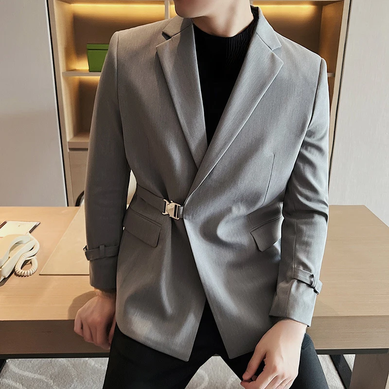 2026 Spring Autumn Men British Style Casual Blazer, Buckle Design Textured Suit Jacket Business Formal Casual Top