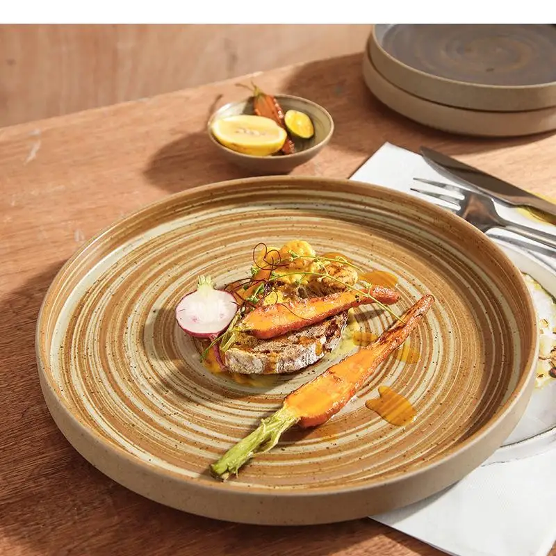 

Керамическая тарелка для ужина, овощей, пасты, стейка, для приготовления пищи, ресторанская, ретро, круглая посуда, блюдо для закусок и десертов