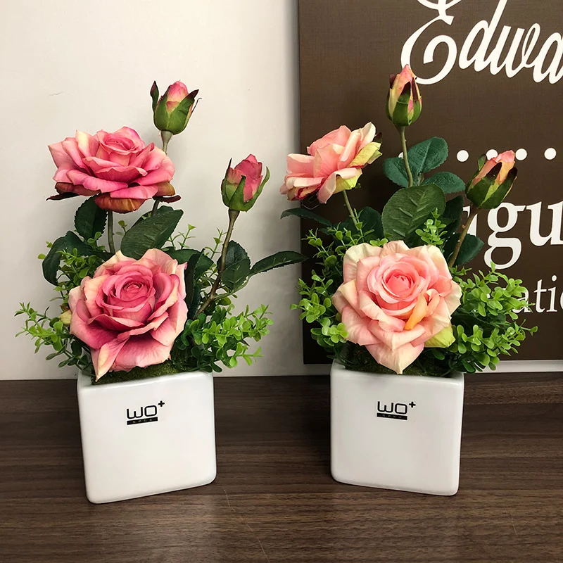 Simulated Flower Decoration Living Room Rose Artificial Flower Fake Plant Dry Flower Bouquet Ceramic Flower Pot Potting Flower