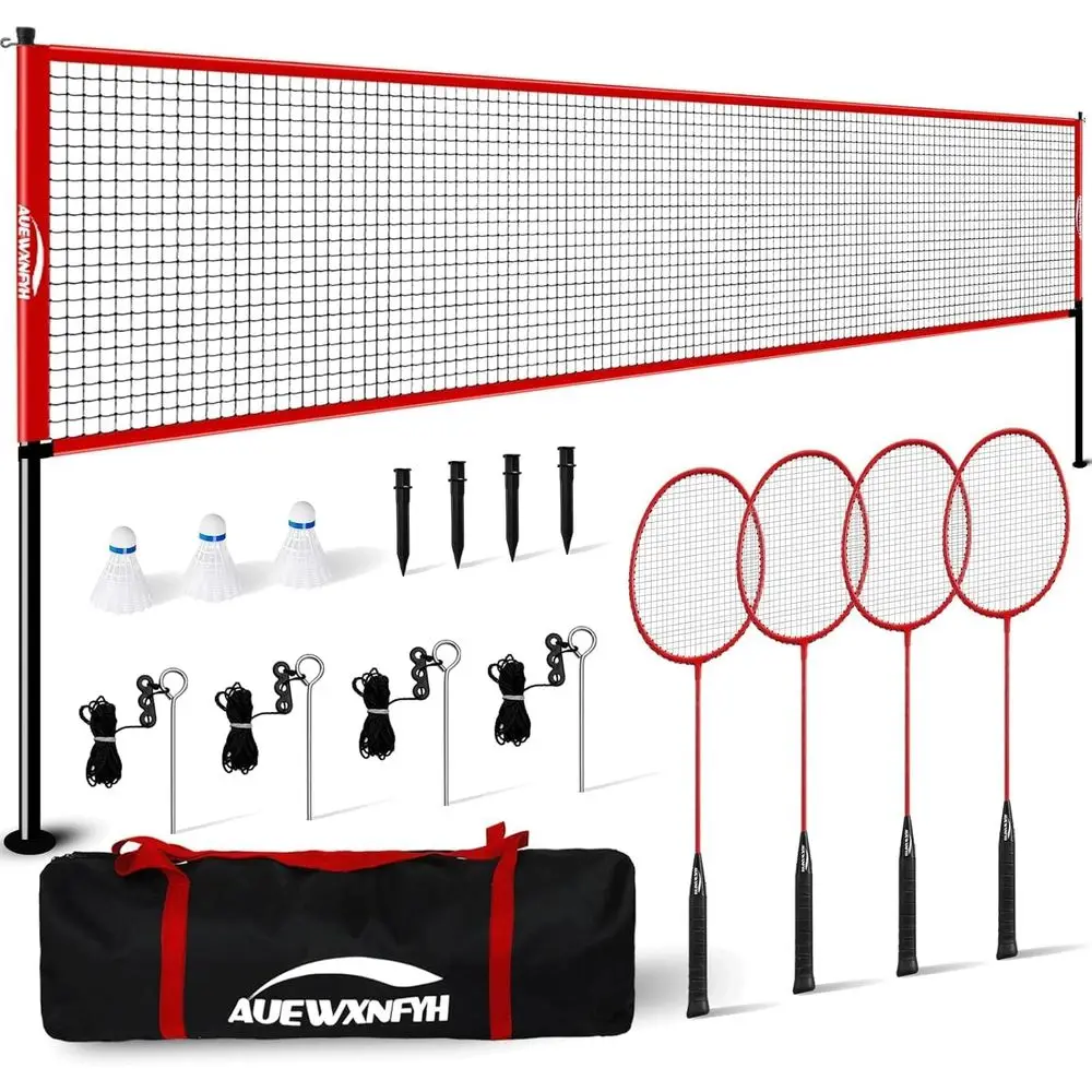 

Adjustable Width Badminton Set: Steel Winch Net, 1.26 Poles, 4 Carbon Rackets, Bouncy Line, Carry Bag