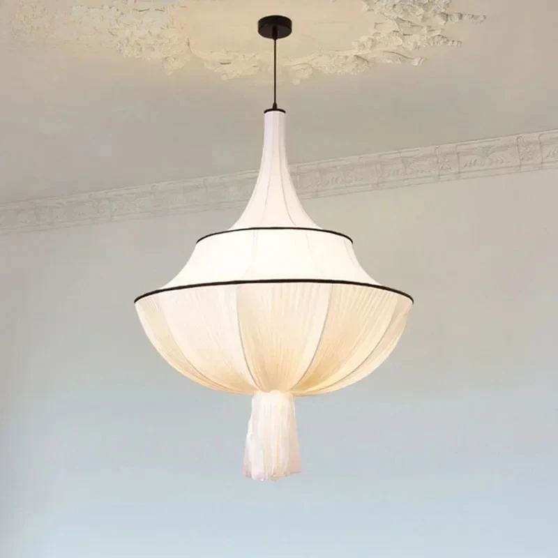 French Retro Pendant Light Wabi-Sabi Cloth Hanging Lamp Art Home Decoration LED Chandeliers for Hotel Lobby Living Bedroom Loft