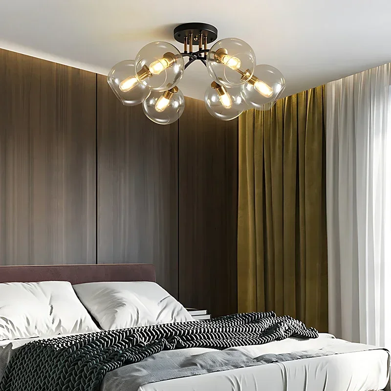 Contemporary Led Ceiling Lights Transparent Smoke Grey Glass Lampshade Design Black Gold Nordic Ceiling Lamp Bedroom Decor Light