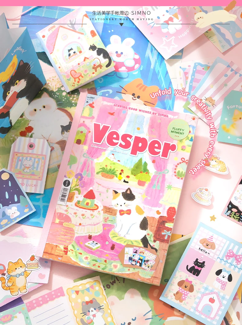 Journal GO 29 Seiten Vesper Materialbuch, dekoratives Papierblock mit mehreren Mustern, Blumenstreifen und niedlichen Kätzchen, schönes Papier für Tagebücher. – Detail 1