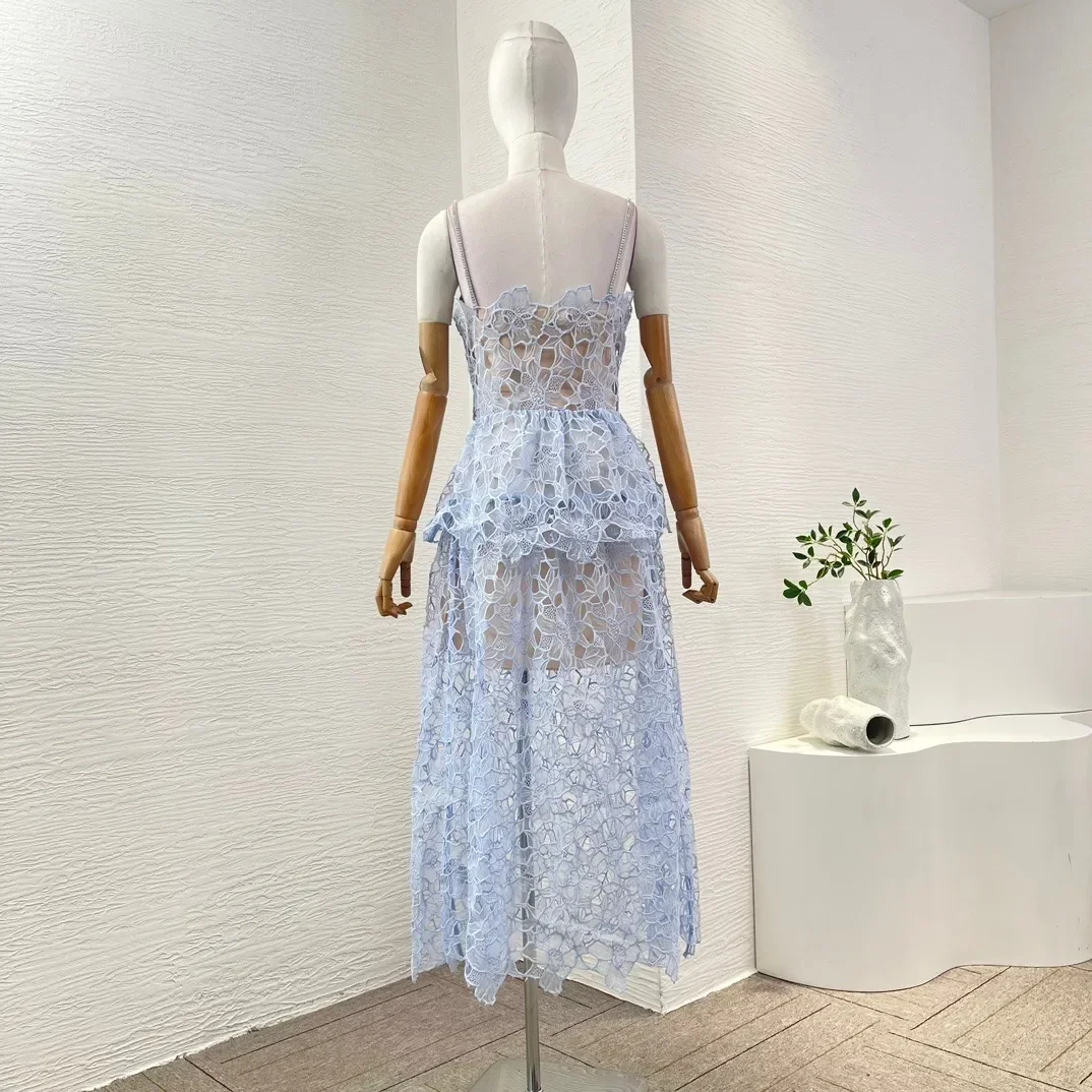 Sky Blue Polyester Lace Slip Sleeveless Hollowed Out Midi Dress