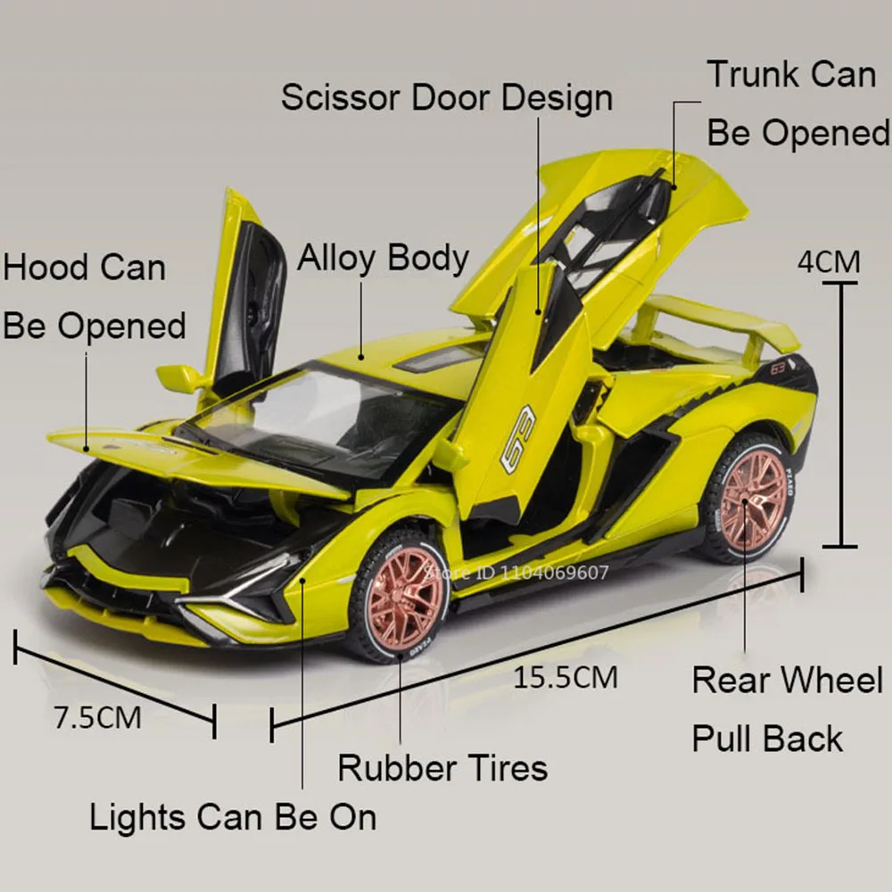 Modèle de voiture de sport jouet SCV12 SIAN 1:32, alliage moulé sous pression, supercars miniatures, son et lumière, portes ouvertes, ornement, cadeaux pour enfants