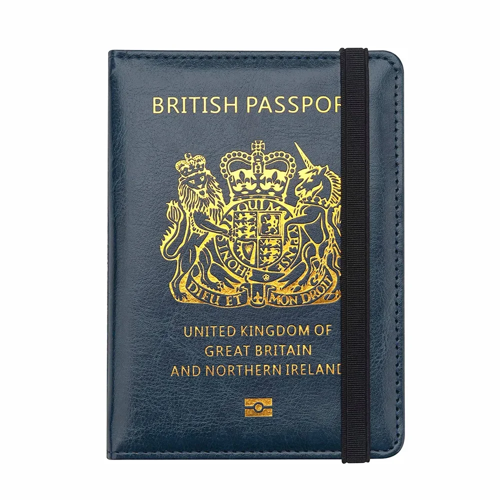 Couverture de passeport britannique avec bande élastique, portefeuille bleu, accessoires de voyage