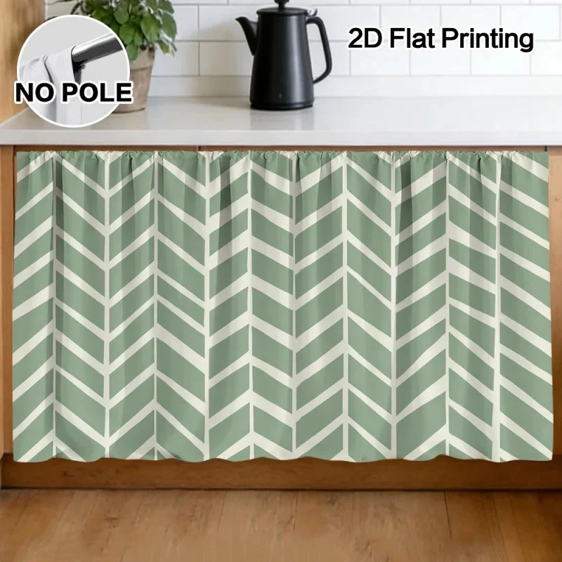 VIKAMA Kitchen Cabinet Curtain Sage Green White Chevron Geometric Print Dust‑Proof Short Curtain for Sink Counter Home Decor