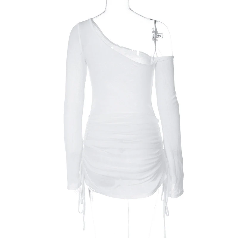 Women Off-Shoulder Dress for Beach Cocktail Club See Through Sheer Drawstring Ruched Long Sleeve Party Mini Dress Streetwear