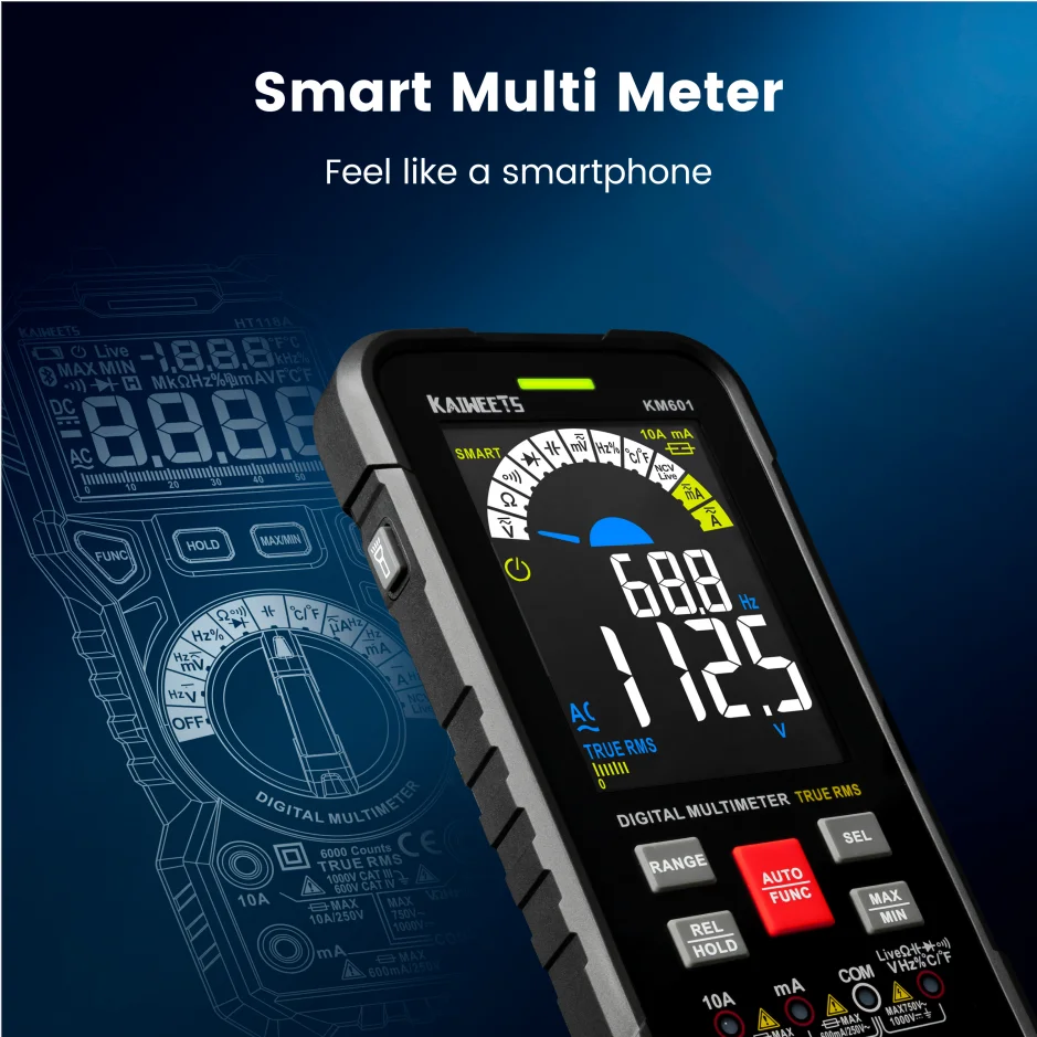 KAIWEETS KM601 Precision Digital Smart Multimeter 9999 Counts True-RMS  Multimetro with Color Screen LCD