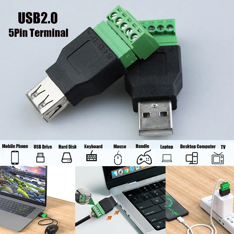 

1PC USB 2.0 Type A Male/Female to 5 Pin Screw Connector USB Jack with Shield Screw Terminal Plug Socket For Computer TV Keyboard