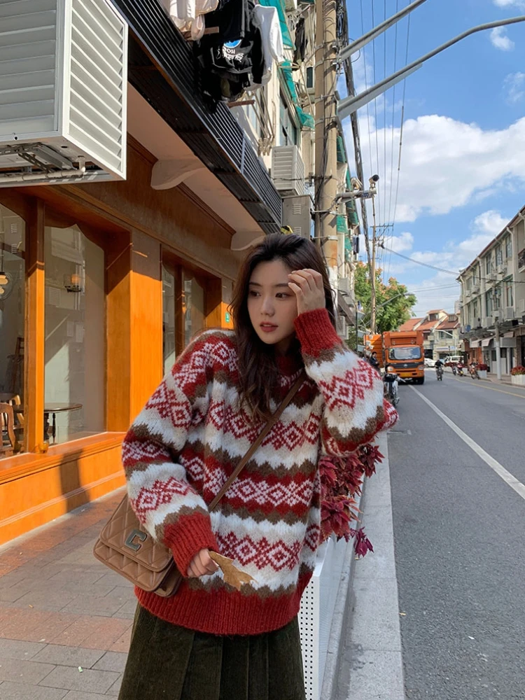 Jacquard Loose Fluffy Sweaters Women Korean Style Pullovers Female Fashion All-match Leisure Simple Autumn Winter Streetwear