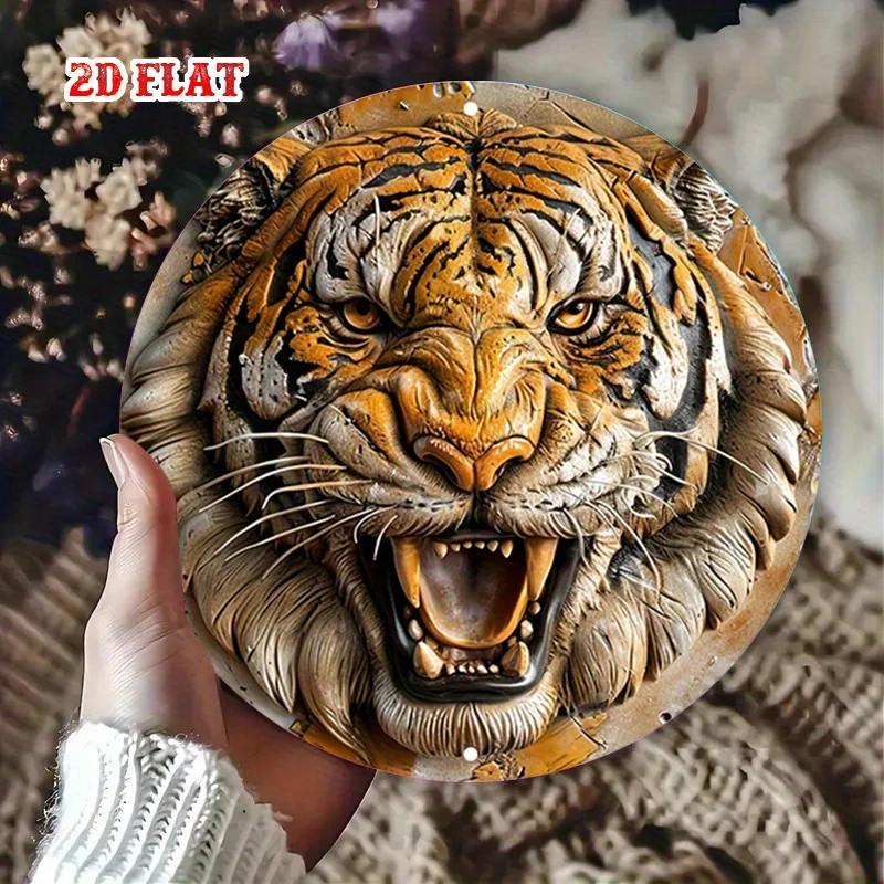 2D Flat, 1pc Large Round Tiger Face Metal Wall Art - Fierce Roaring Tiger Head with Sharp Teeth & Glowing Eyes - Rustic Vintage
