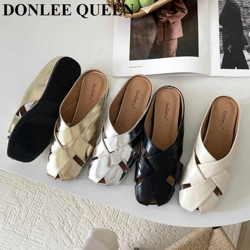 Fashion Women Slippers Square Toe Shallow Slip On Mules Shoes 2024 Summer Gold Sliver Slides Slipper Flats Heel Flip Flops Mujer