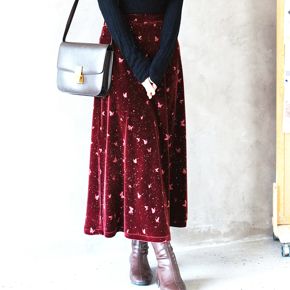 Embossed hot golden velvet national style spring and autumn style  high waist medium and long skirt women
